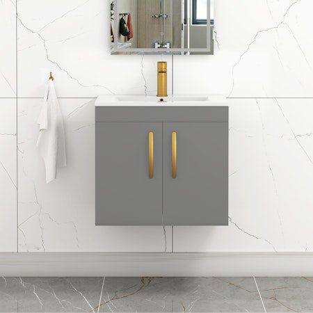 Turin 600mm Wall Hung Vanity Sink Unit 2 Door Indigo Grey Gloss - Minimalist Basin with Brushed Brass Handle