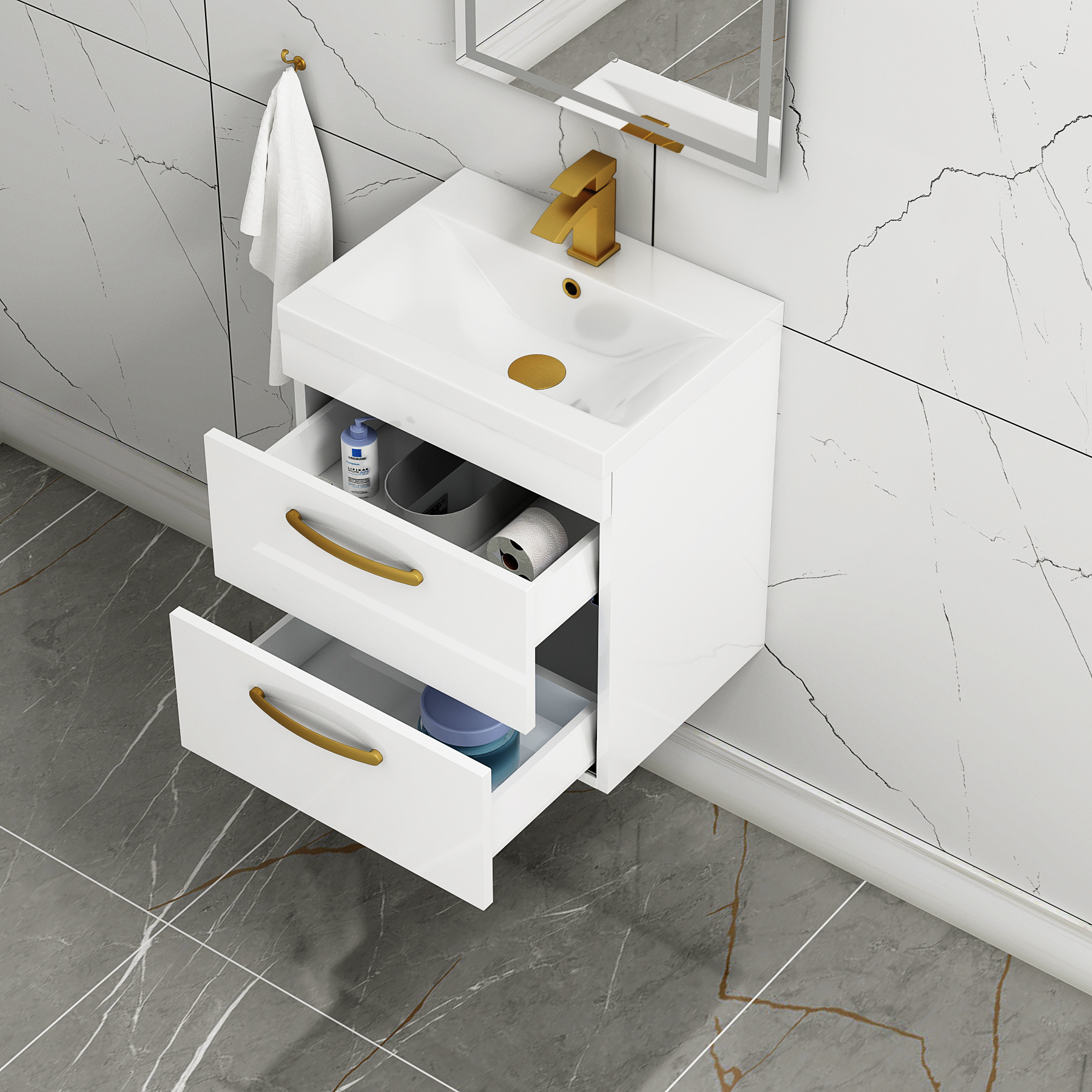 Turin 500mm Wall Hung Vanity Unit Gloss White 2 Drawer - Mid-Edge Sink Unit with Brushed Brass Handle