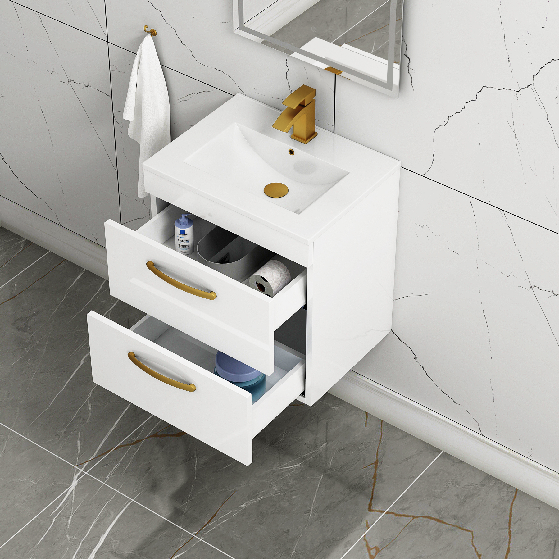 Turin 500mm Wall Hung Vanity Unit Gloss White 2 Drawer - Minimalist Sink Unit with Brushed Brass Handle