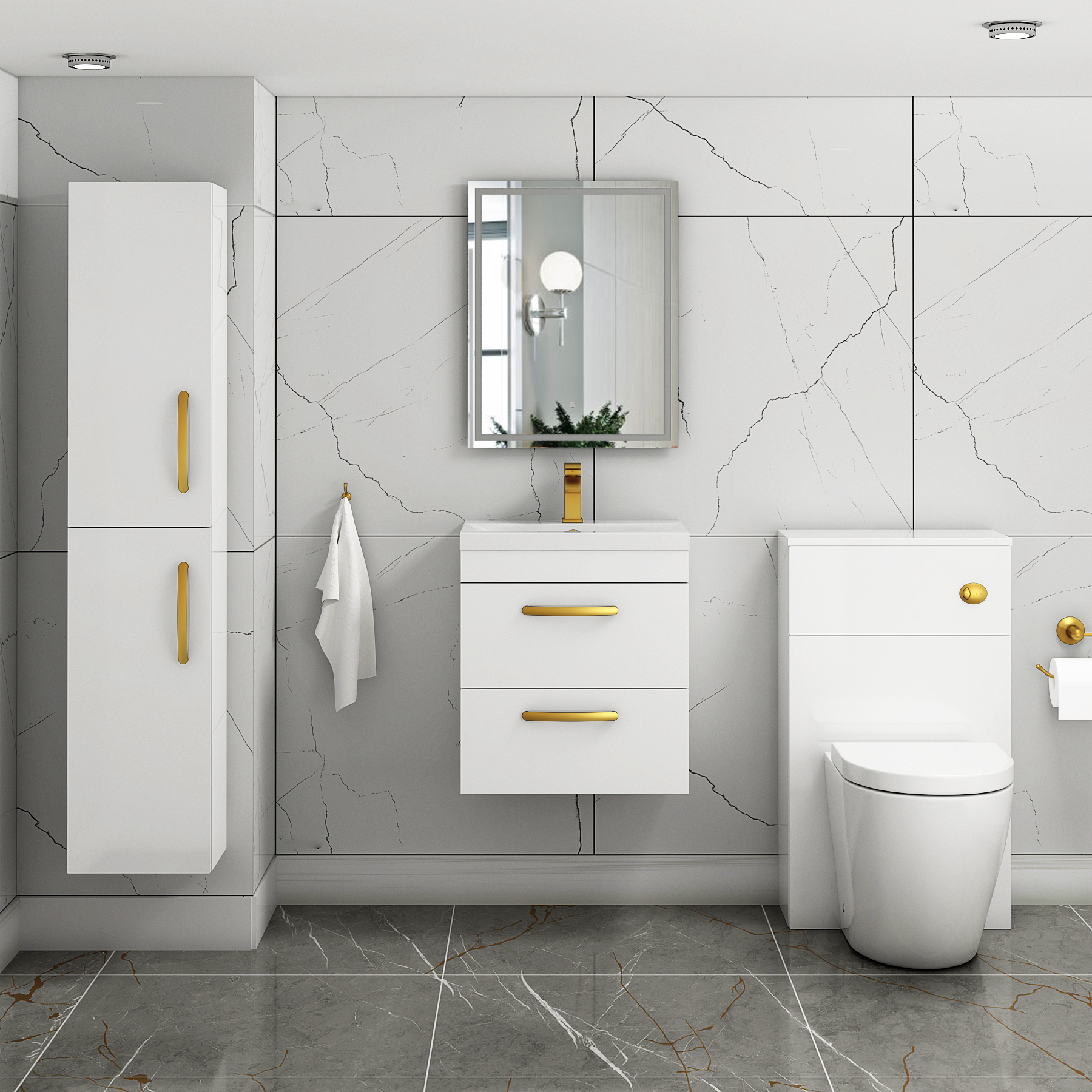Turin 500mm Wall Hung Vanity Unit Gloss White 2 Drawer - Mid-Edge Sink Unit with Brushed Brass Handle