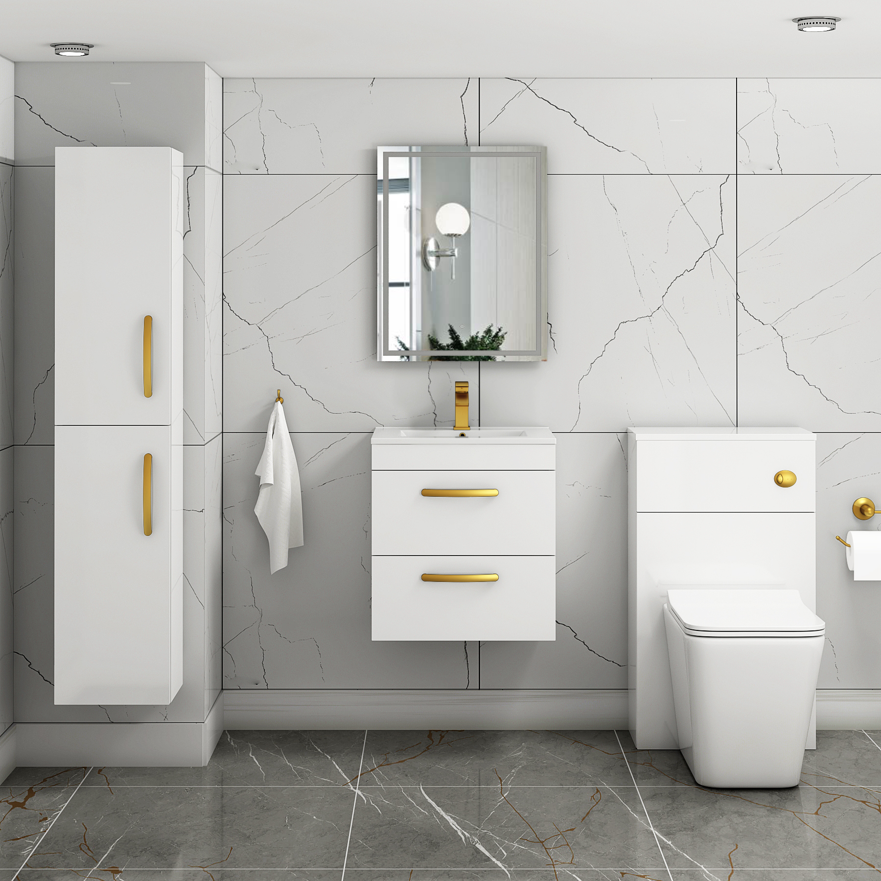 Turin 500mm Wall Hung Vanity Unit Gloss White 2 Drawer - Minimalist Sink Unit with Brushed Brass Handle