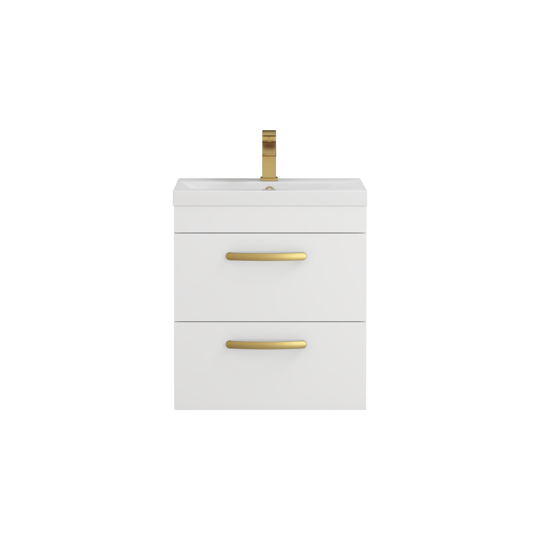 Turin 500mm Wall Hung Vanity Unit Gloss White 2 Drawer - Mid-Edge Sink Unit with Brushed Brass Handle