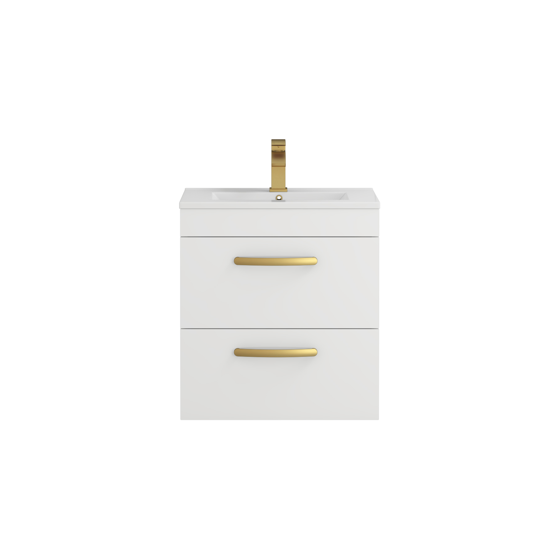 Turin 500mm Wall Hung Vanity Unit Gloss White 2 Drawer - Minimalist Sink Unit with Brushed Brass Handle