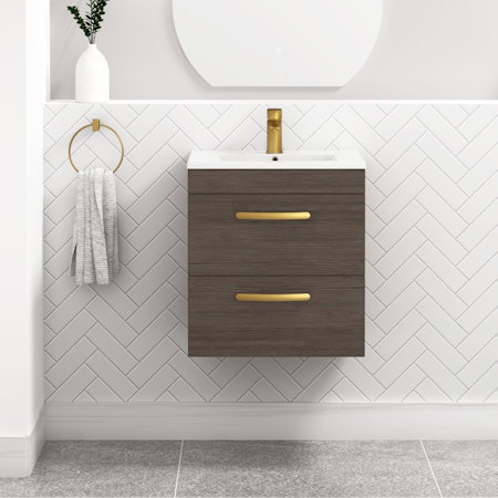 Turin 500mm Wall Hung Vanity Unit Grey Elm 2 Drawer - Minimalist Sink Unit with Brushed Brass Handle