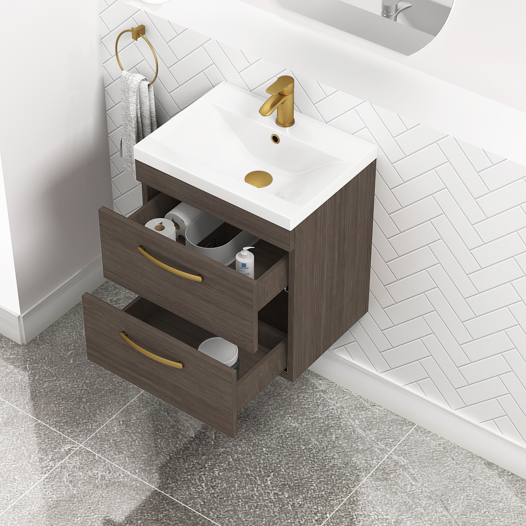 Turin 500mm Wall Hung Vanity Unit Grey Elm 2 Drawer - Mid-Edge Sink Unit with Brushed Brass Handle
