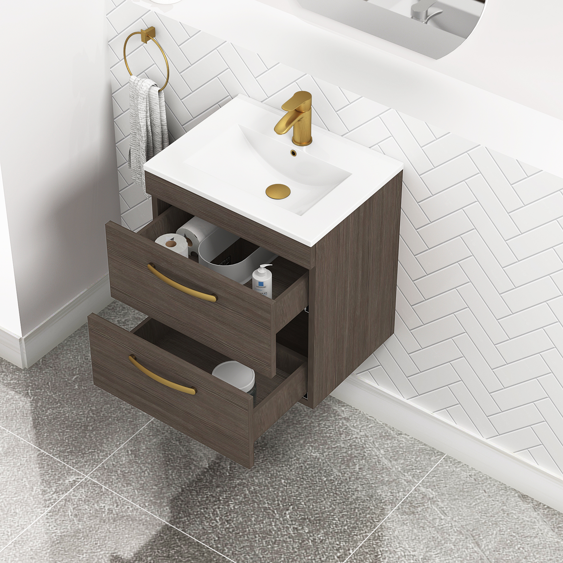 Turin 500mm Wall Hung Vanity Unit Grey Elm 2 Drawer - Minimalist Sink Unit with Brushed Brass Handle