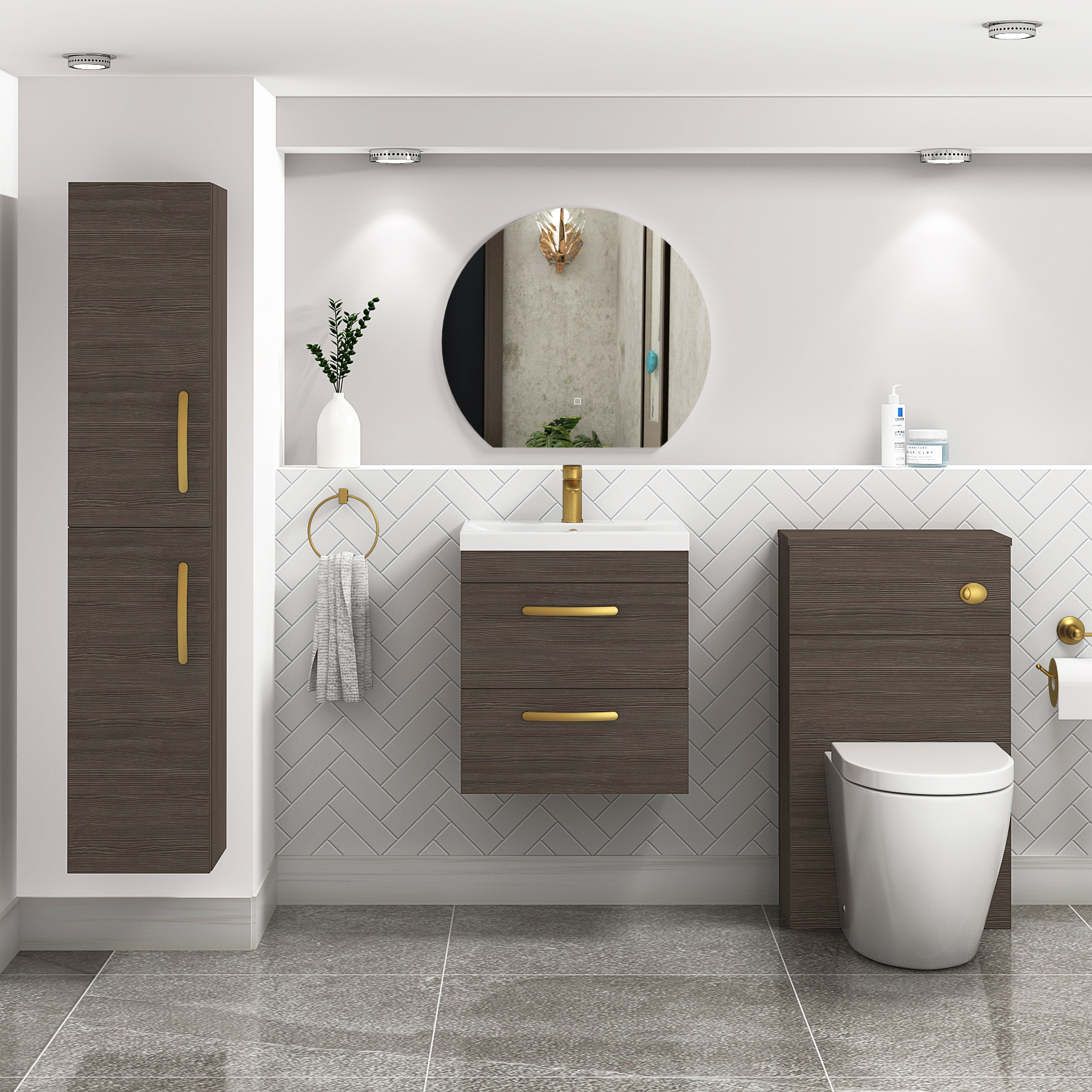 Turin 500mm Wall Hung Vanity Unit Grey Elm 2 Drawer - Mid-Edge Sink Unit with Brushed Brass Handle