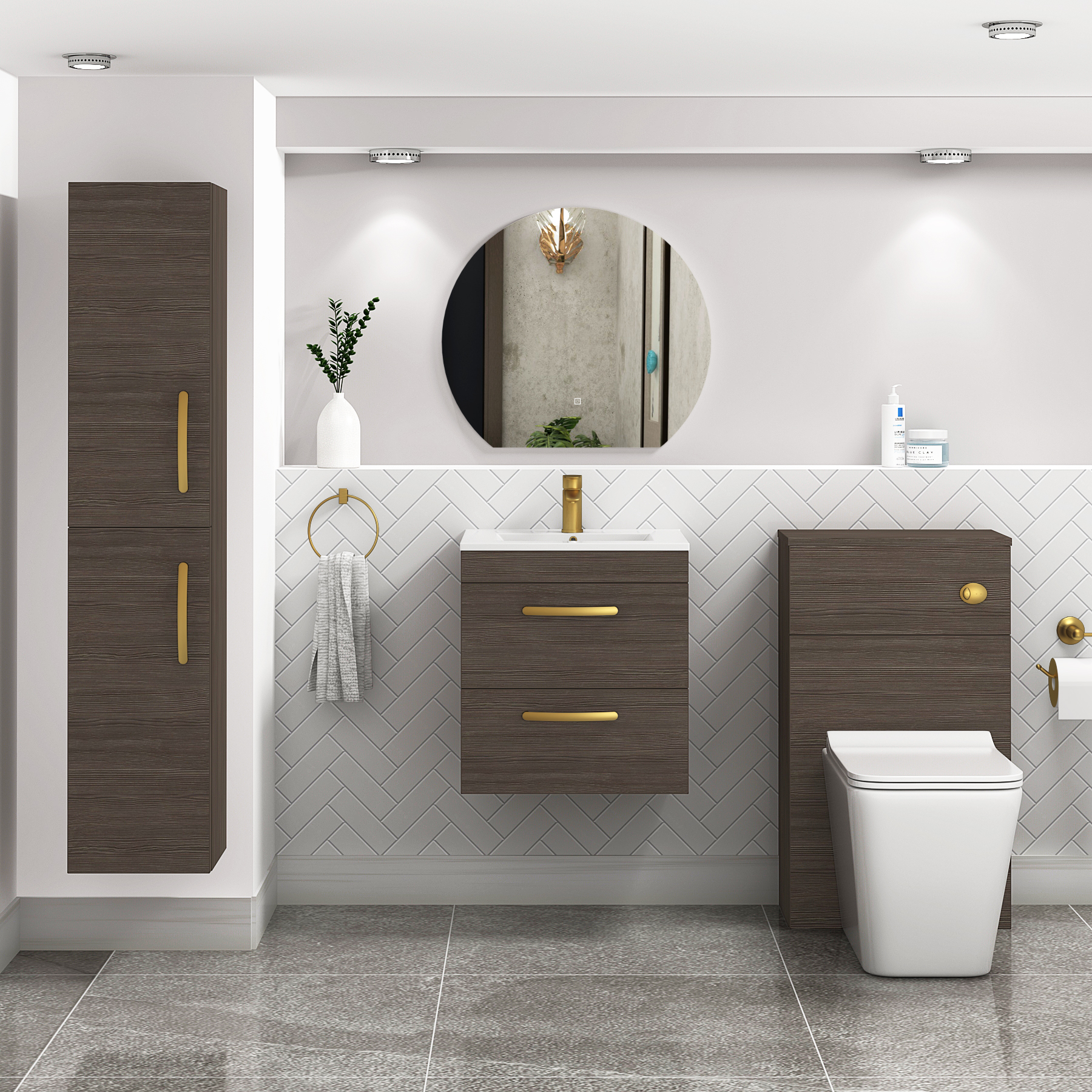 Turin 500mm Wall Hung Vanity Unit Grey Elm 2 Drawer - Minimalist Sink Unit with Brushed Brass Handle