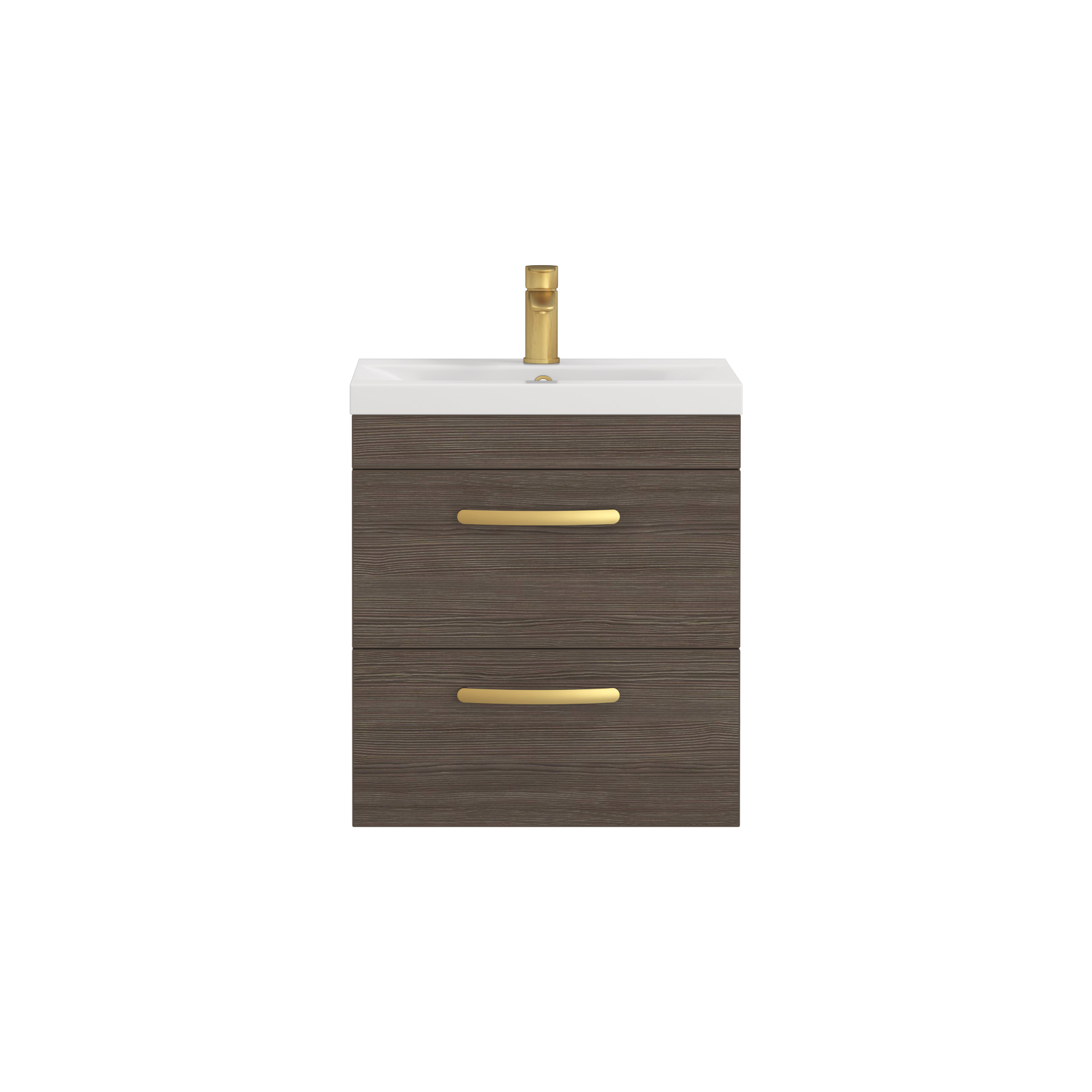Turin 500mm Wall Hung Vanity Unit Grey Elm 2 Drawer - Mid-Edge Sink Unit with Brushed Brass Handle