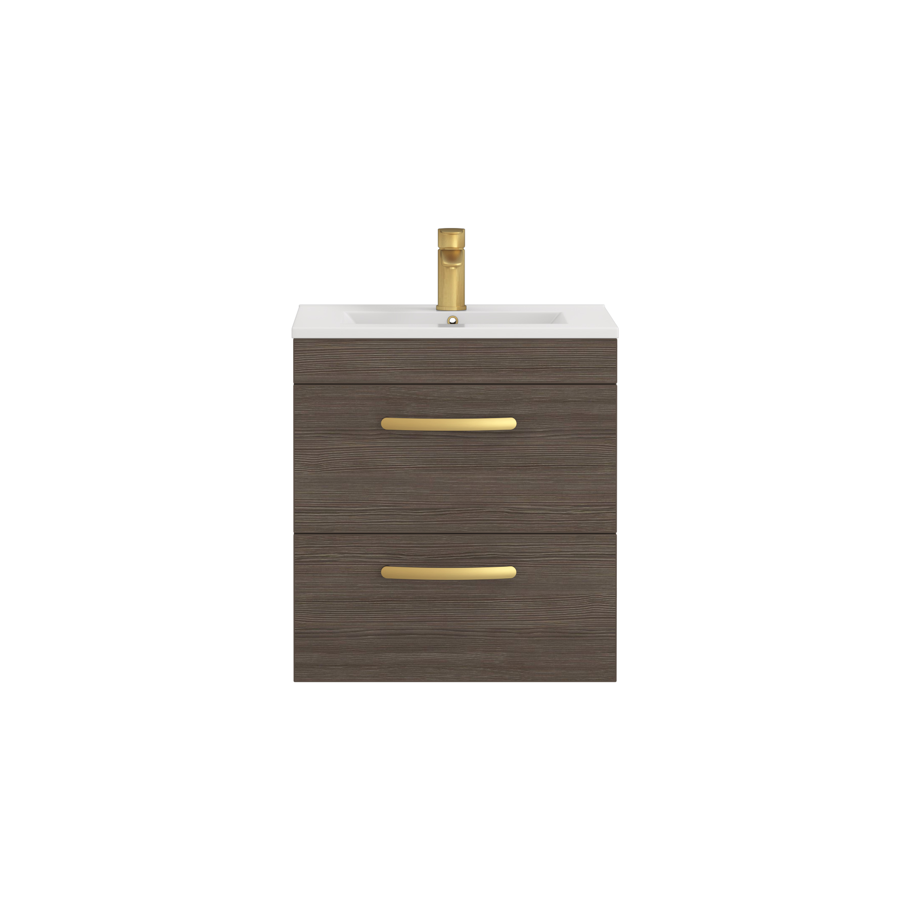 Turin 500mm Wall Hung Vanity Unit Grey Elm 2 Drawer - Minimalist Sink Unit with Brushed Brass Handle