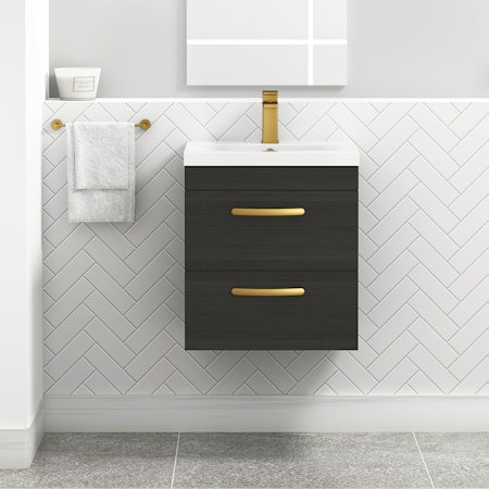 Turin 500mm Wall Hung Vanity Unit Hale Black 2 Drawer - Mid-Edge Sink Unit with Brushed Brass Handle