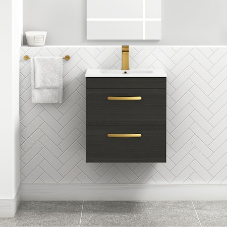 Turin 500mm Wall Hung Vanity Unit Hale Black 2 Drawer - Minimalist Sink Unit with Brushed Brass Handle