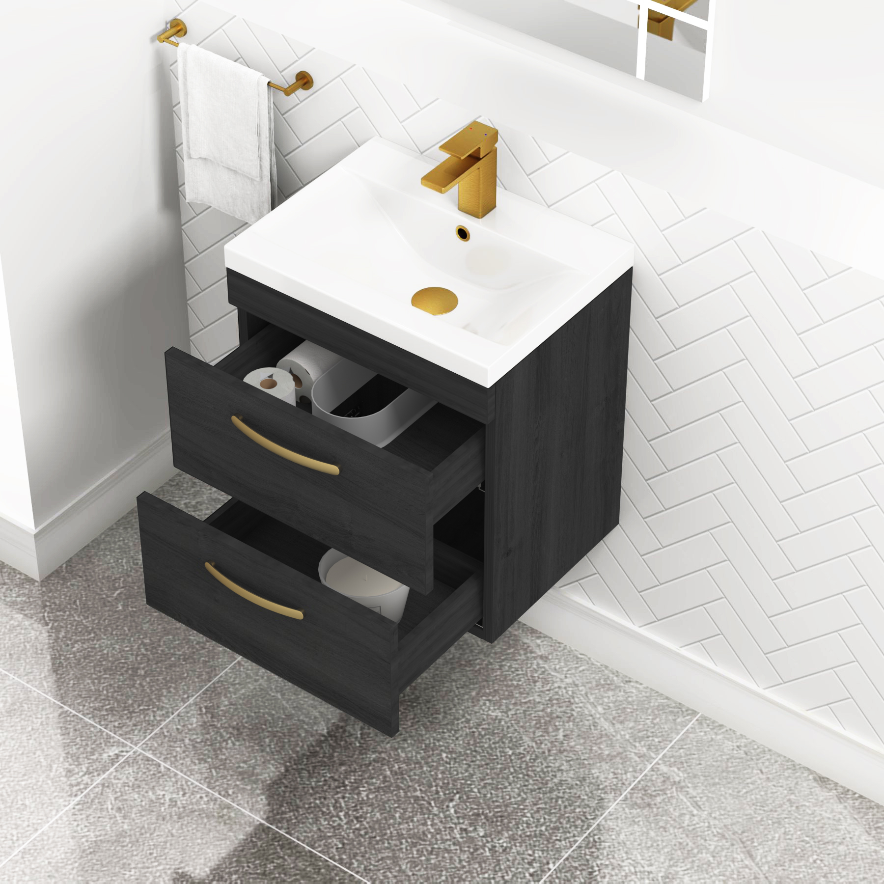 Turin 500mm Wall Hung Vanity Unit Hale Black 2 Drawer - Mid-Edge Sink Unit with Brushed Brass Handle
