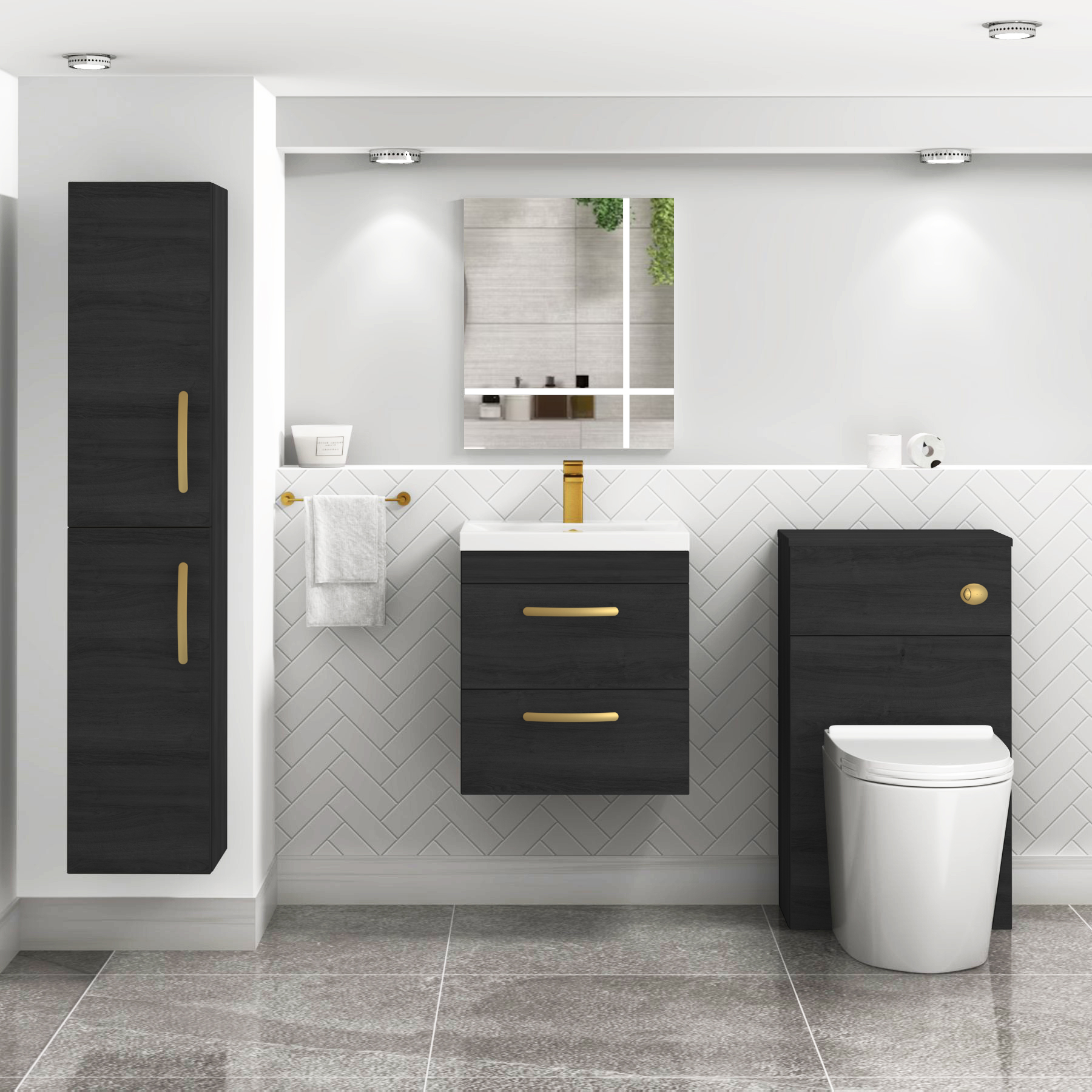 Turin 500mm Wall Hung Vanity Unit Hale Black 2 Drawer - Mid-Edge Sink Unit with Brushed Brass Handle