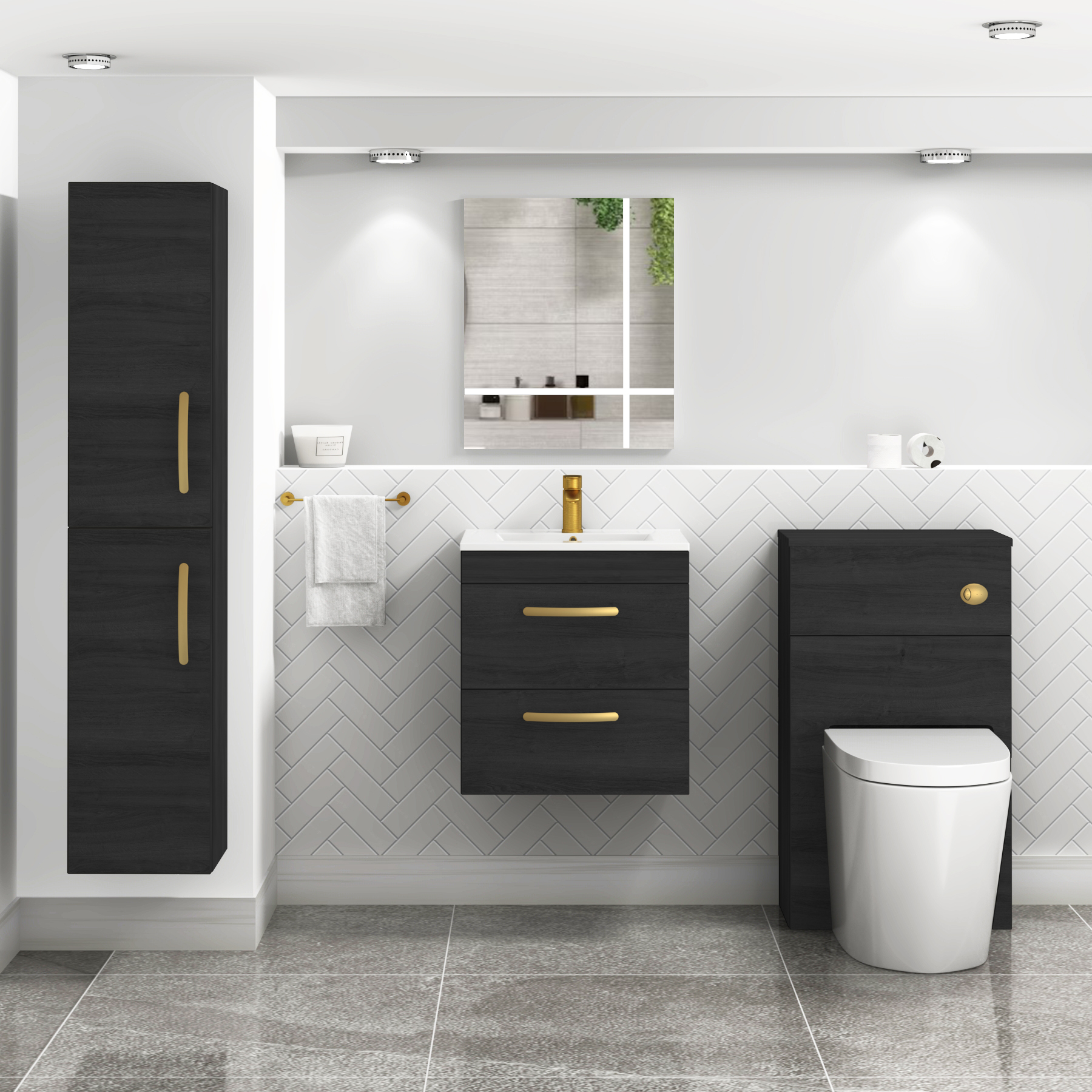 Turin 500mm Wall Hung Vanity Unit Hale Black 2 Drawer - Minimalist Sink Unit with Brushed Brass Handle