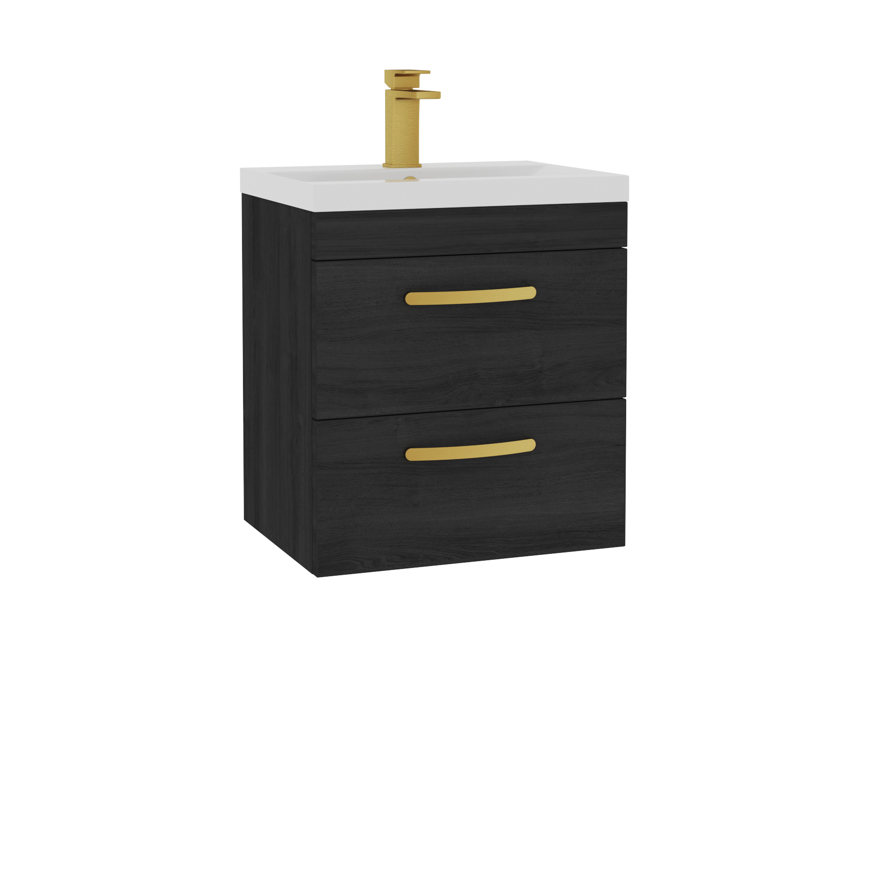 Turin 500mm Wall Hung Vanity Unit Hale Black 2 Drawer - Mid-Edge Sink Unit with Brushed Brass Handle