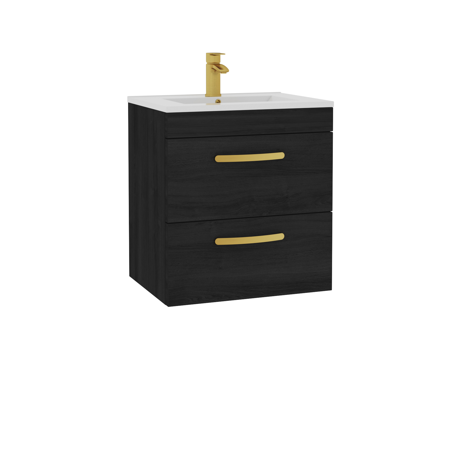 Turin 500mm Wall Hung Vanity Unit Hale Black 2 Drawer - Minimalist Sink Unit with Brushed Brass Handle