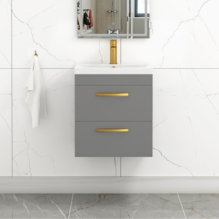 Turin 500mm Wall Hung Vanity Unit Indigo Grey Gloss 2 Drawer - Mid-Edge Sink Unit with Brushed Brass Handle
