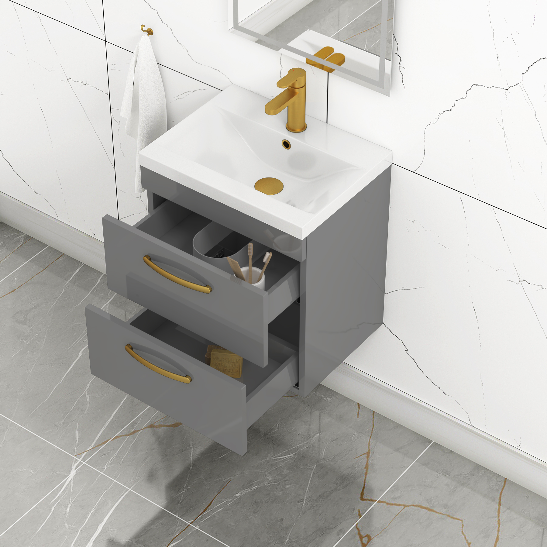 Turin 500mm Wall Hung Vanity Unit Indigo Grey Gloss 2 Drawer - Mid-Edge Sink Unit with Brushed Brass Handle