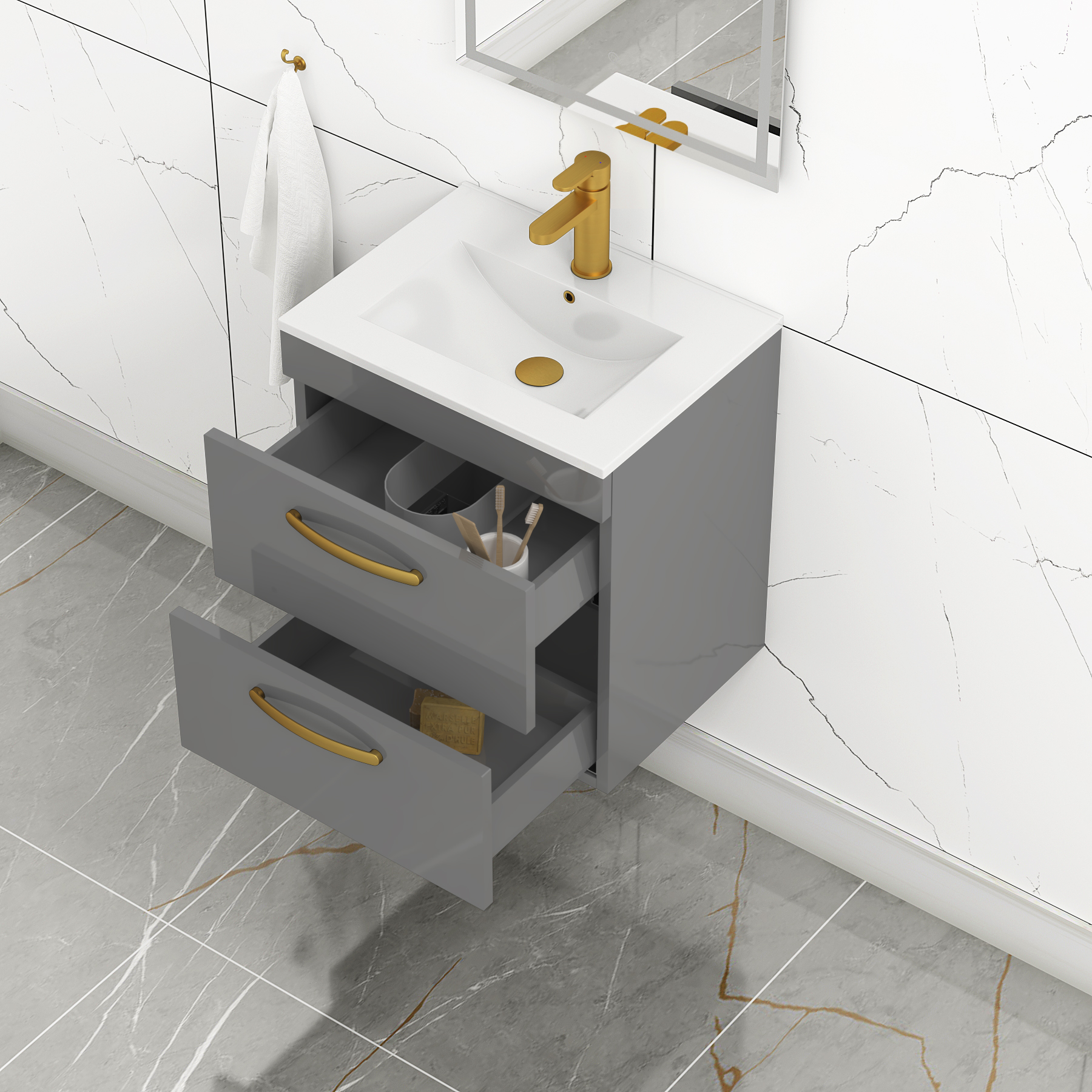 Turin 500mm Wall Hung Vanity Unit Indigo Grey Gloss 2 Drawer - Minimalist Sink Unit with Brushed Brass Handle