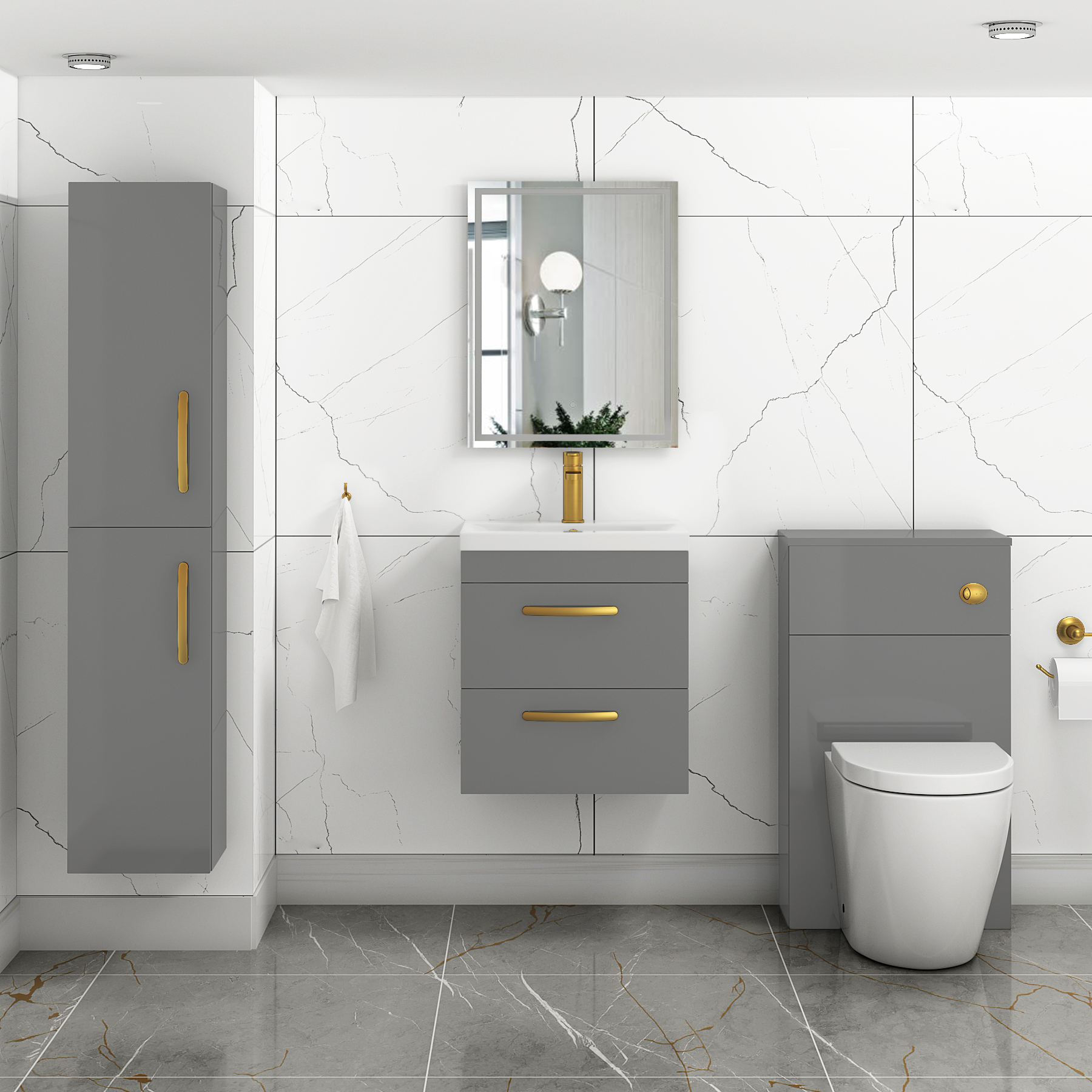Turin 500mm Wall Hung Vanity Unit Indigo Grey Gloss 2 Drawer - Mid-Edge Sink Unit with Brushed Brass Handle
