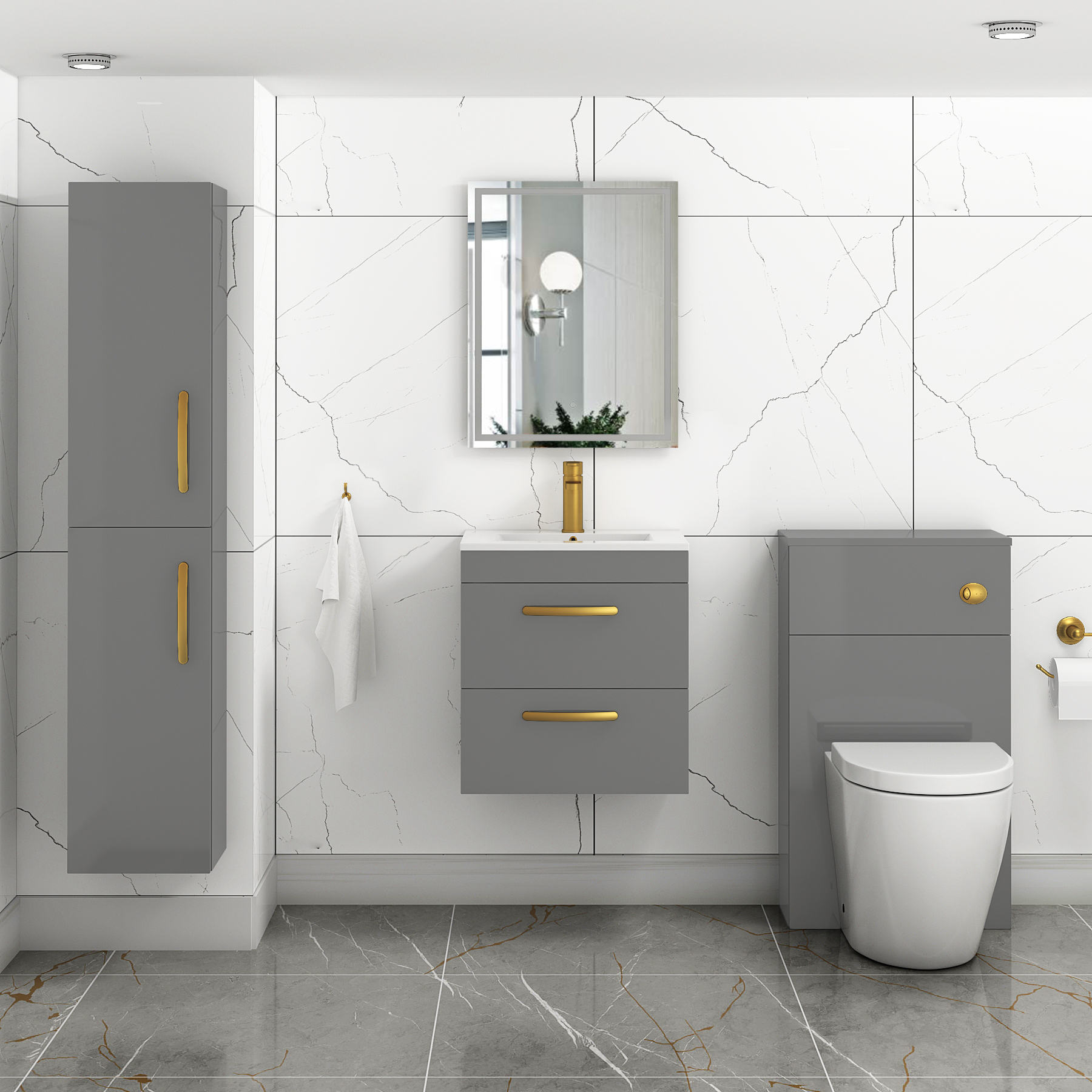 Turin 500mm Wall Hung Vanity Unit Indigo Grey Gloss 2 Drawer - Minimalist Sink Unit with Brushed Brass Handle