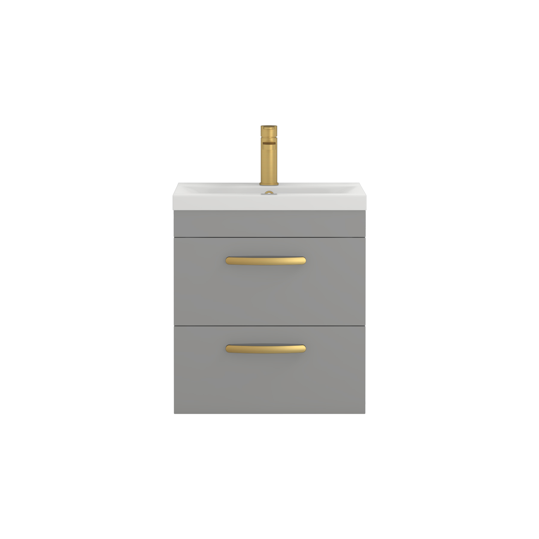 Turin 500mm Wall Hung Vanity Unit Indigo Grey Gloss 2 Drawer - Mid-Edge Sink Unit with Brushed Brass Handle