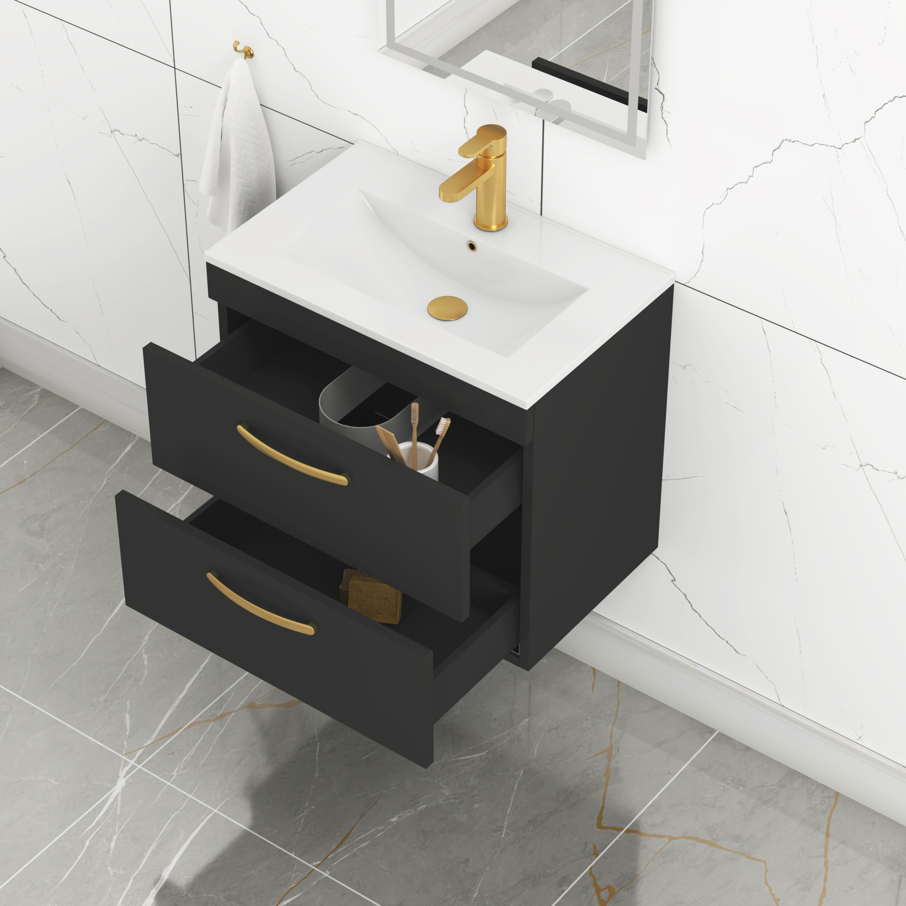 Turin 600mm Wall Hung Vanity Unit Matt Black 2 Drawer Minimalist Basin with Brushed Brass Handles