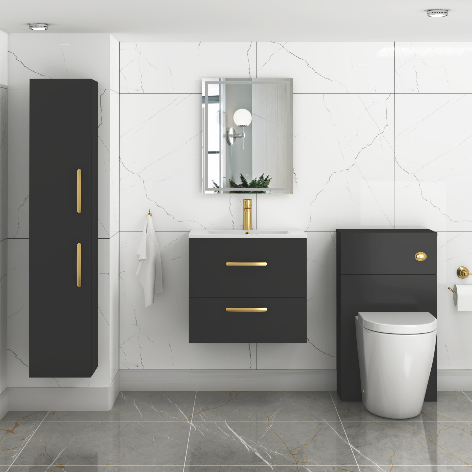 Turin 600mm Wall Hung Vanity Unit Matt Black 2 Drawer Minimalist Basin with Brushed Brass Handles