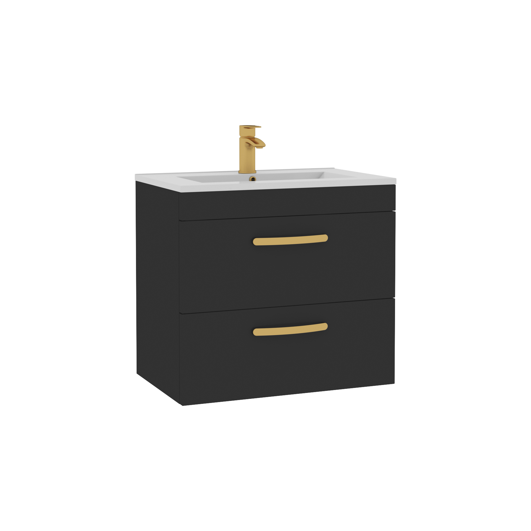 Turin 600mm Wall Hung Vanity Unit Matt Black 2 Drawer Minimalist Basin with Brushed Brass Handles