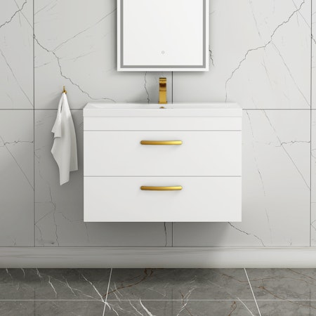 Turin 800mm Wall Hung Vanity Unit Gloss White 2 Drawer - Mid-Edge Sink Unit with Brushed Brass Handle