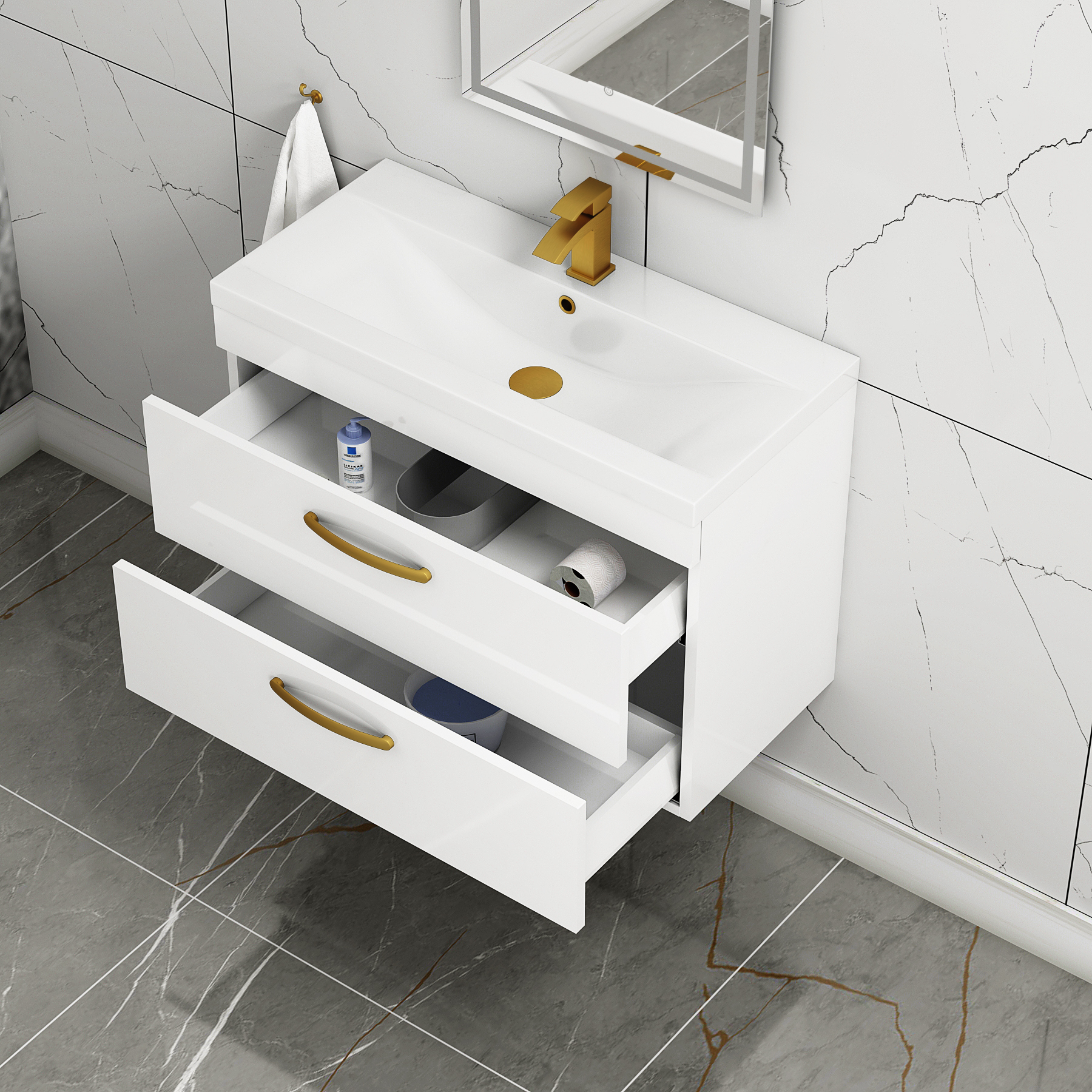 Turin 800mm Wall Hung Vanity Unit Gloss White 2 Drawer - Mid-Edge Sink Unit with Brushed Brass Handle
