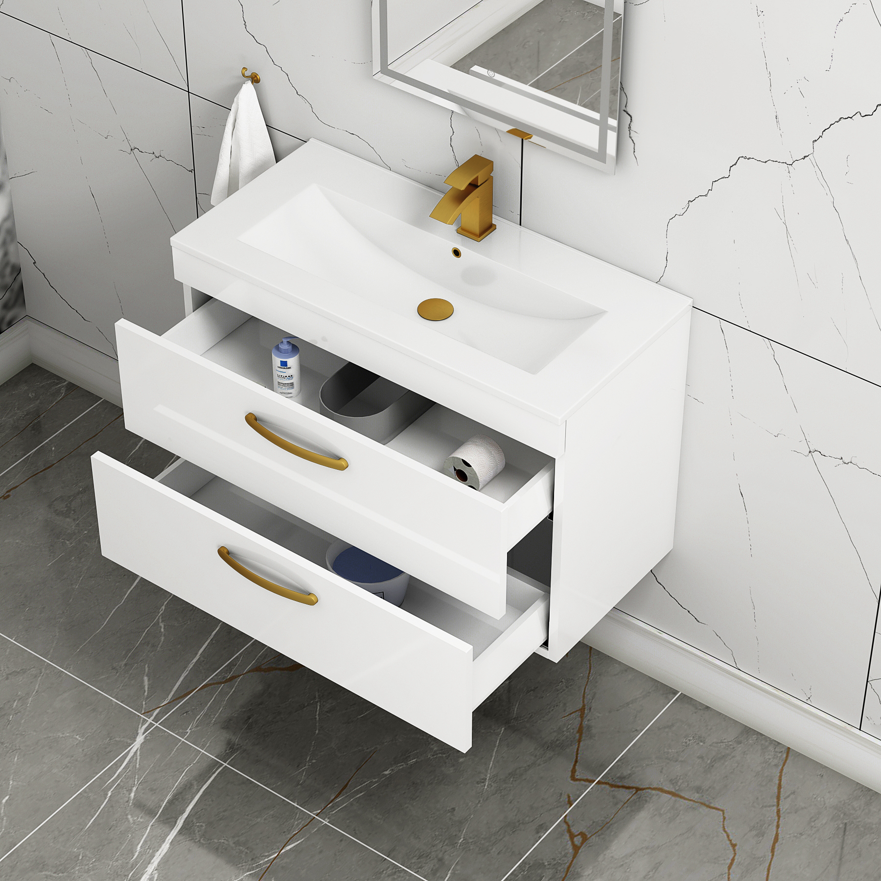 Turin 800mm Gloss White Wall Hung Vanity Unit 2 Drawer - Minimalist Sink Unit with Brushed Brass Handle