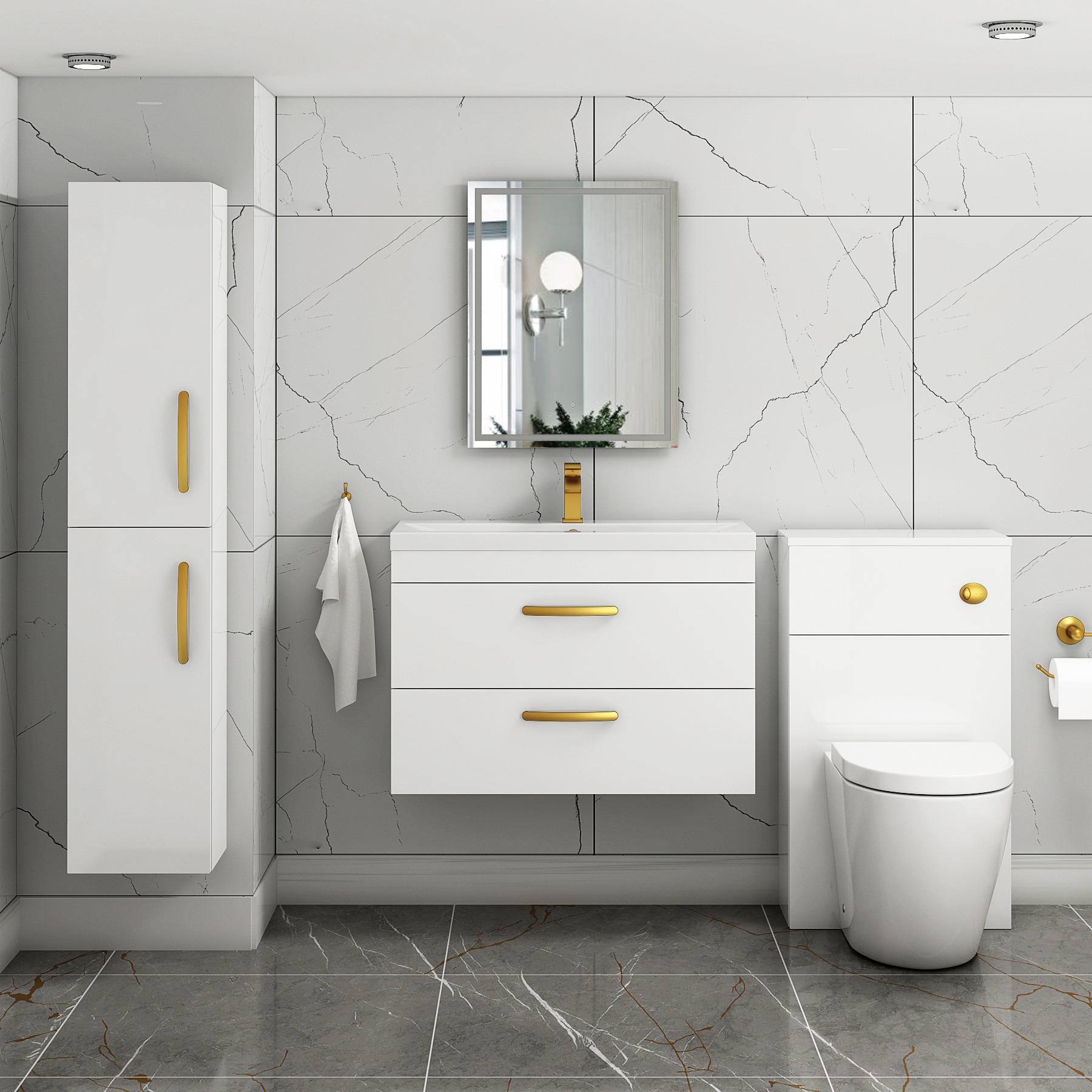 Turin 800mm Wall Hung Vanity Unit Gloss White 2 Drawer - Mid-Edge Sink Unit with Brushed Brass Handle