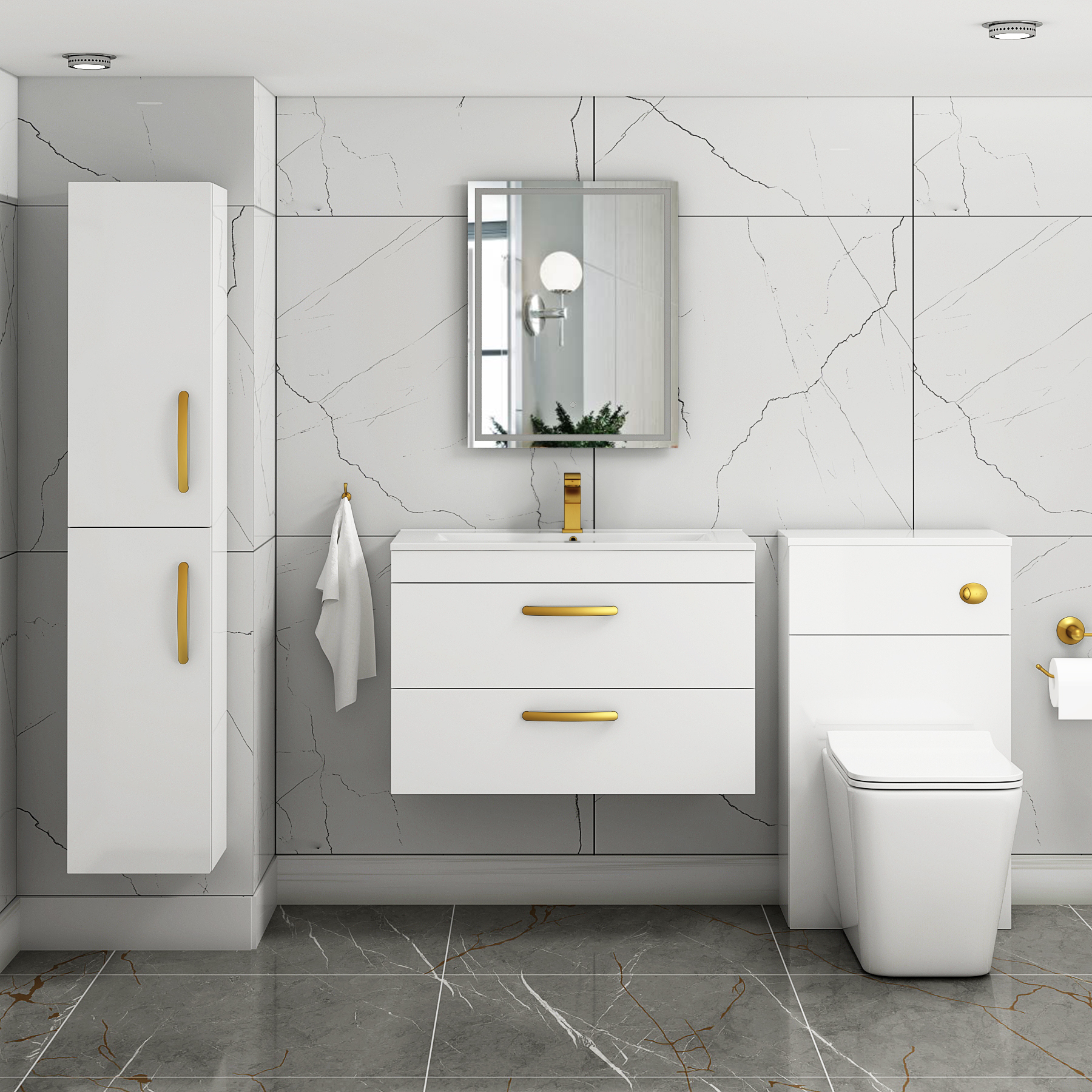 Turin 800mm Gloss White Wall Hung Vanity Unit 2 Drawer - Minimalist Sink Unit with Brushed Brass Handle