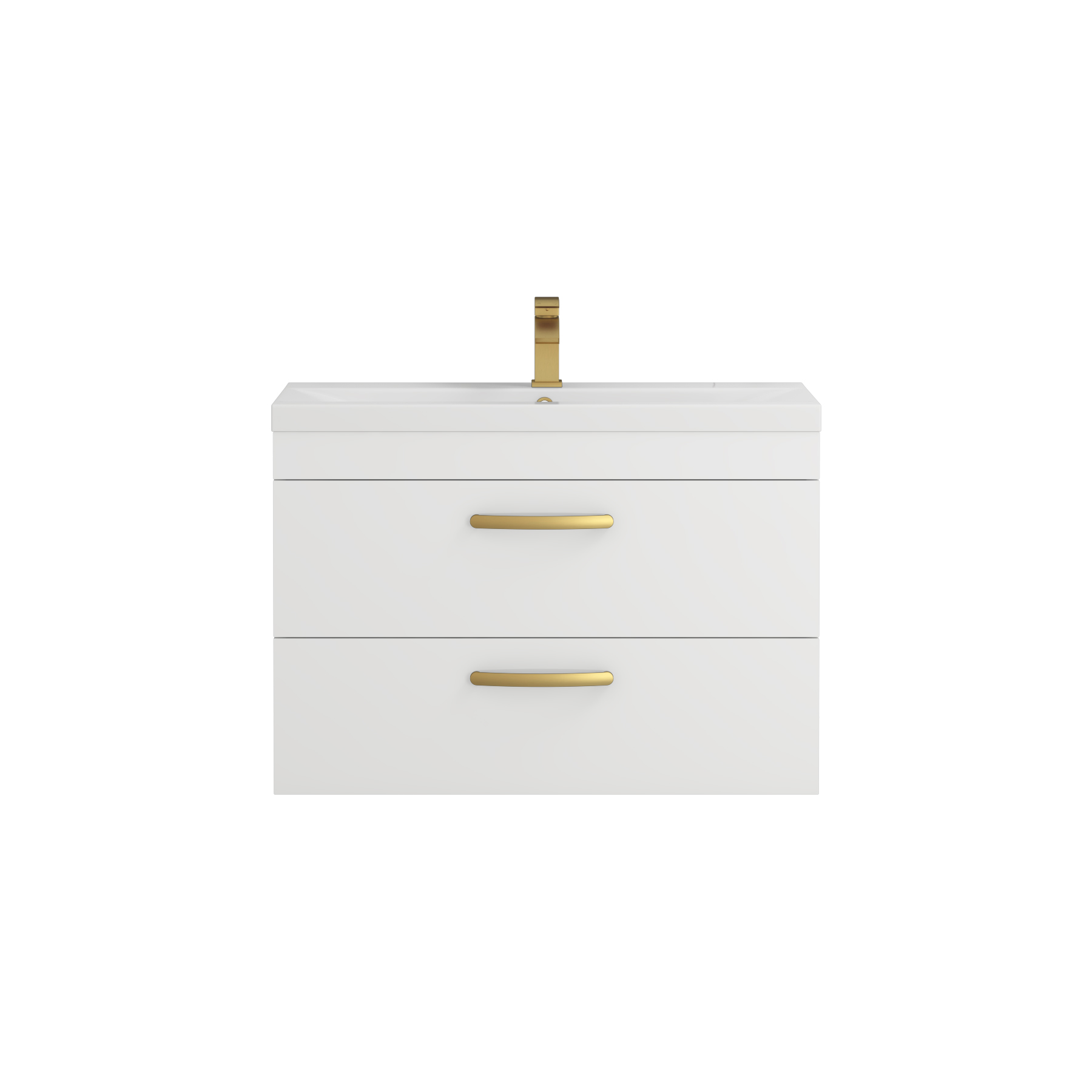 Turin 800mm Wall Hung Vanity Unit Gloss White 2 Drawer - Mid-Edge Sink Unit with Brushed Brass Handle