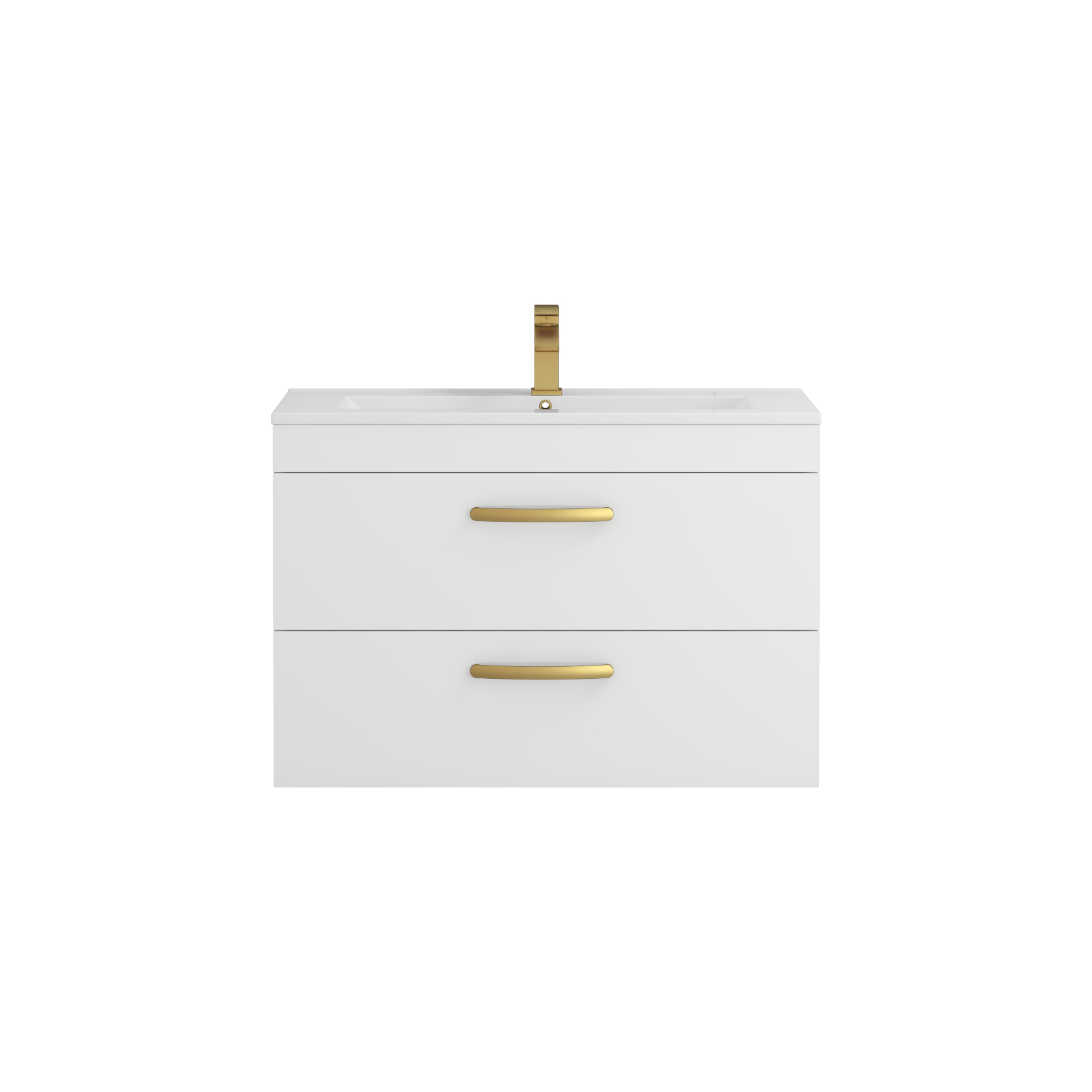 Turin 800mm Gloss White Wall Hung Vanity Unit 2 Drawer - Minimalist Sink Unit with Brushed Brass Handle