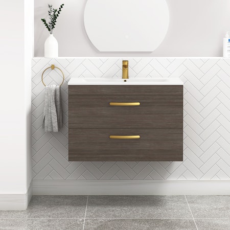 Turin 800mm Wall Hung Vanity Unit Grey Elm 2 Drawer - Minimalist Sink Unit with Brushed Brass Handle