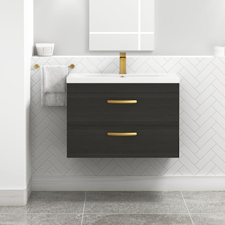 Turin 800mm Wall Hung Vanity Unit Hale Black 2 Drawer - Mid-Edge Sink Unit with Brushed Brass Handle