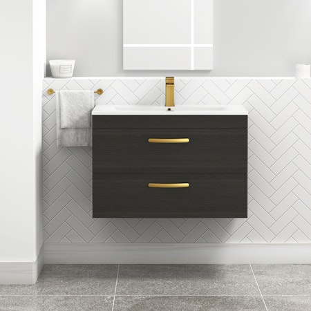 Turin 800mm Wall Hung Vanity Unit Hale Black 2 Drawer - Minimalist Sink Unit with Brushed Brass Handle