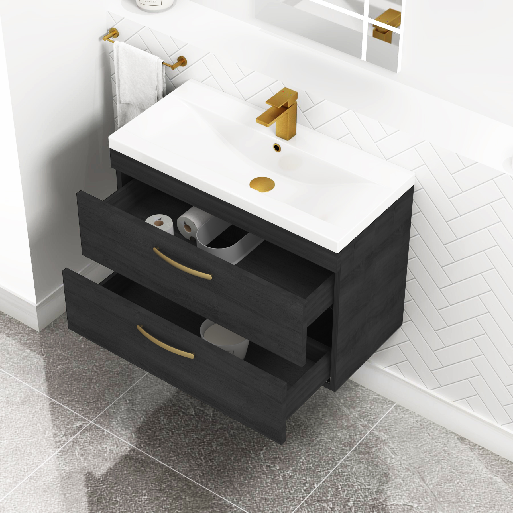 Turin 800mm Wall Hung Vanity Unit Hale Black 2 Drawer - Mid-Edge Sink Unit with Brushed Brass Handle