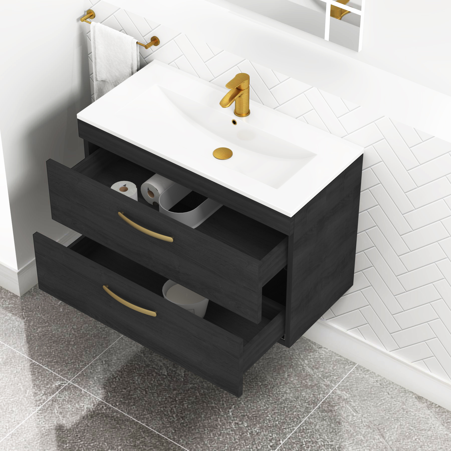 Turin 800mm Wall Hung Vanity Unit Hale Black 2 Drawer - Minimalist Sink Unit with Brushed Brass Handle