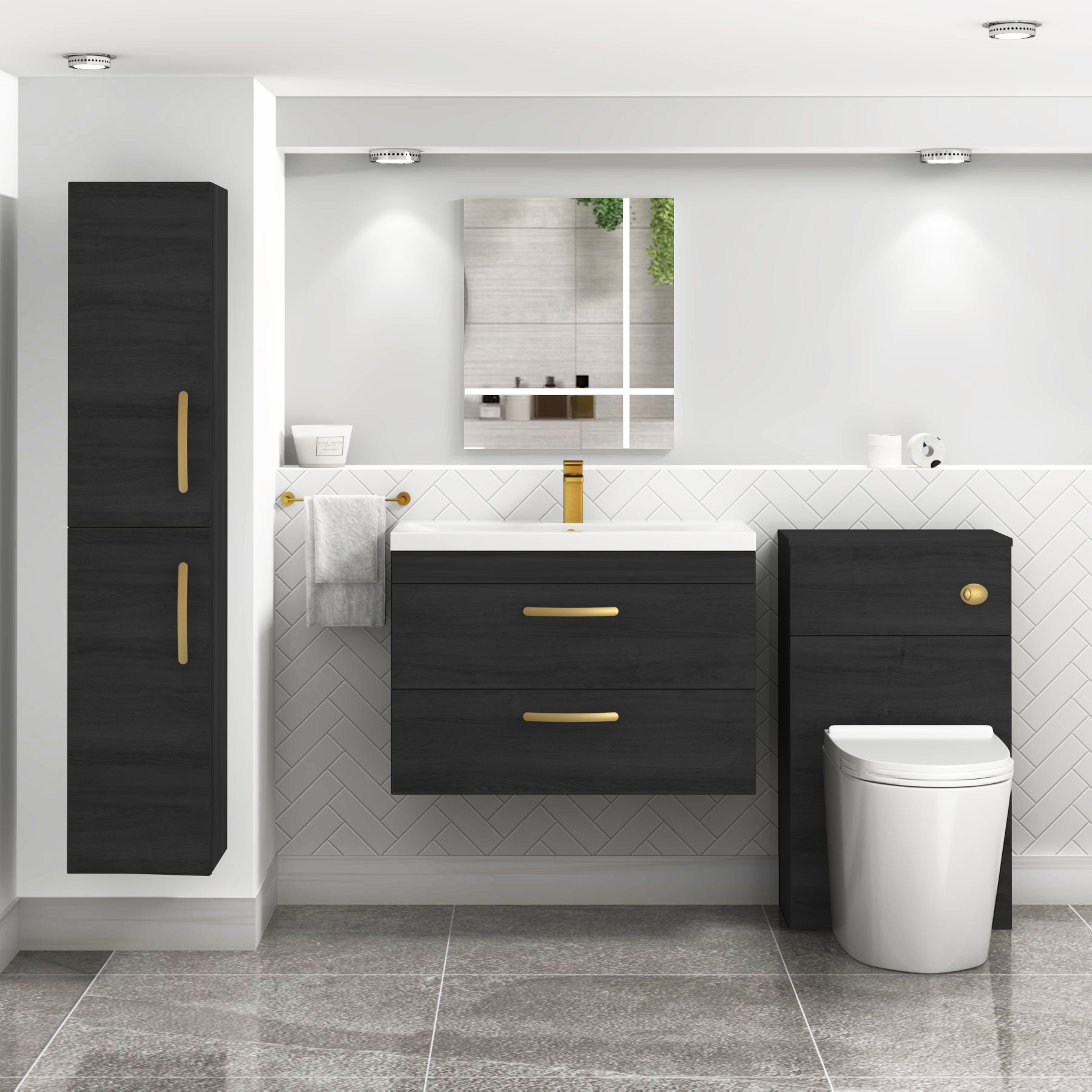 Turin 800mm Wall Hung Vanity Unit Hale Black 2 Drawer - Mid-Edge Sink Unit with Brushed Brass Handle
