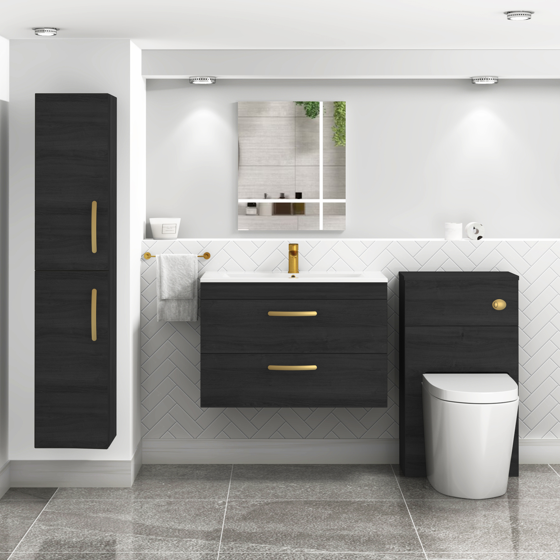 Turin 800mm Wall Hung Vanity Unit Hale Black 2 Drawer - Minimalist Sink Unit with Brushed Brass Handle