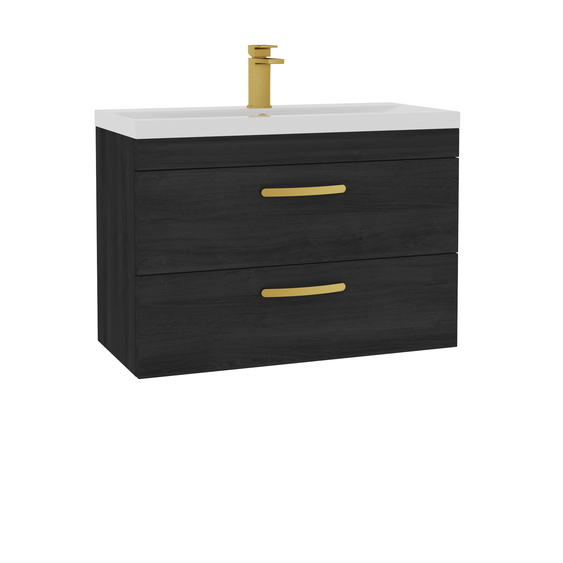 Turin 800mm Wall Hung Vanity Unit Hale Black 2 Drawer - Mid-Edge Sink Unit with Brushed Brass Handle
