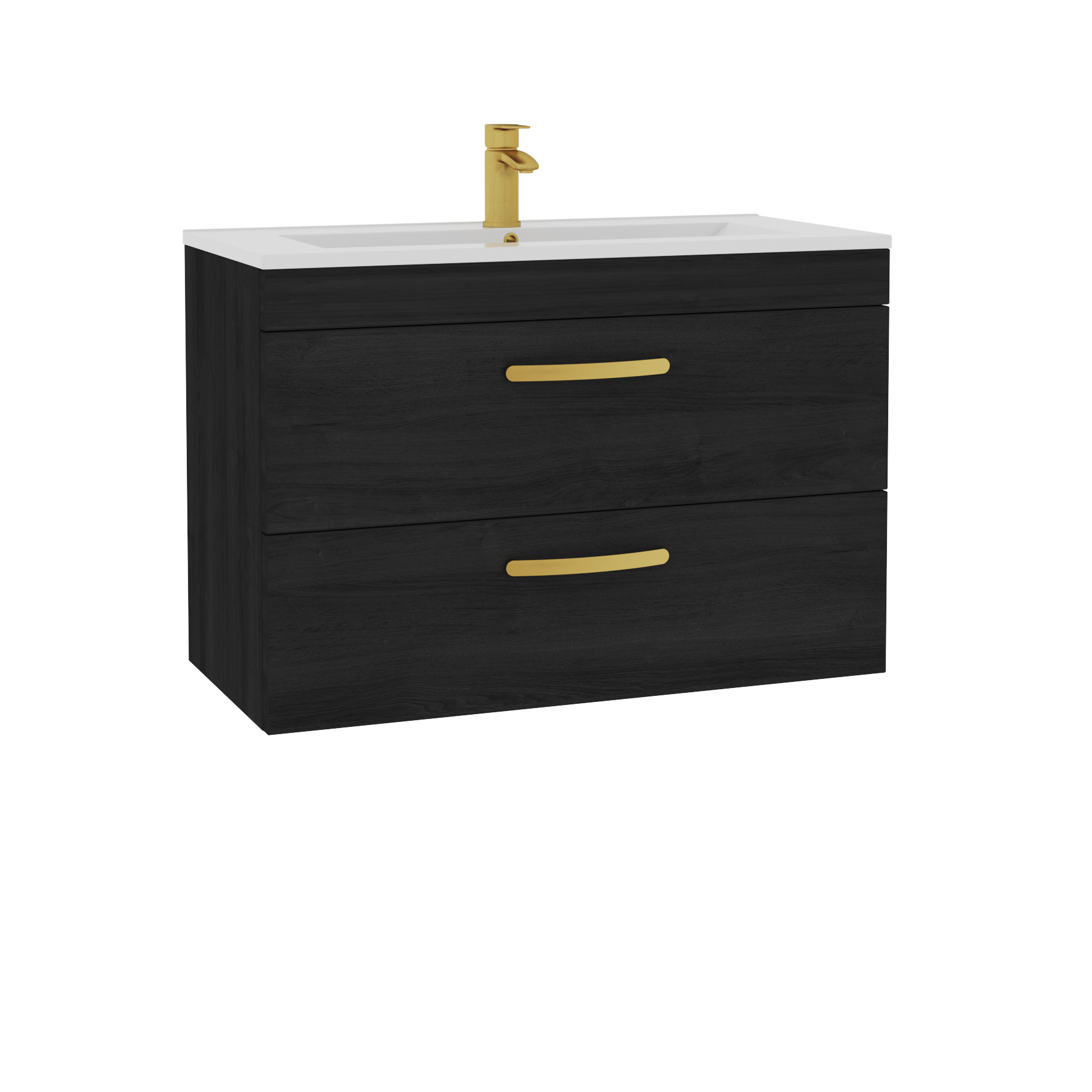 Turin 800mm Wall Hung Vanity Unit Hale Black 2 Drawer - Minimalist Sink Unit with Brushed Brass Handle