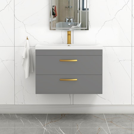 Turin 800mm Wall Hung Vanity Unit Indigo Grey Gloss 2 Drawer - Mid-Edge Sink Unit with Brushed Brass Handle