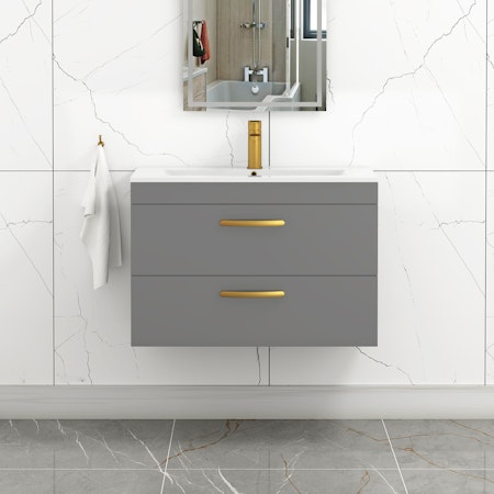 Turin 800mm Wall Hung Vanity Unit Indigo Grey Gloss 2 Drawer - Minimalist Sink Unit with Brushed Brass Handle