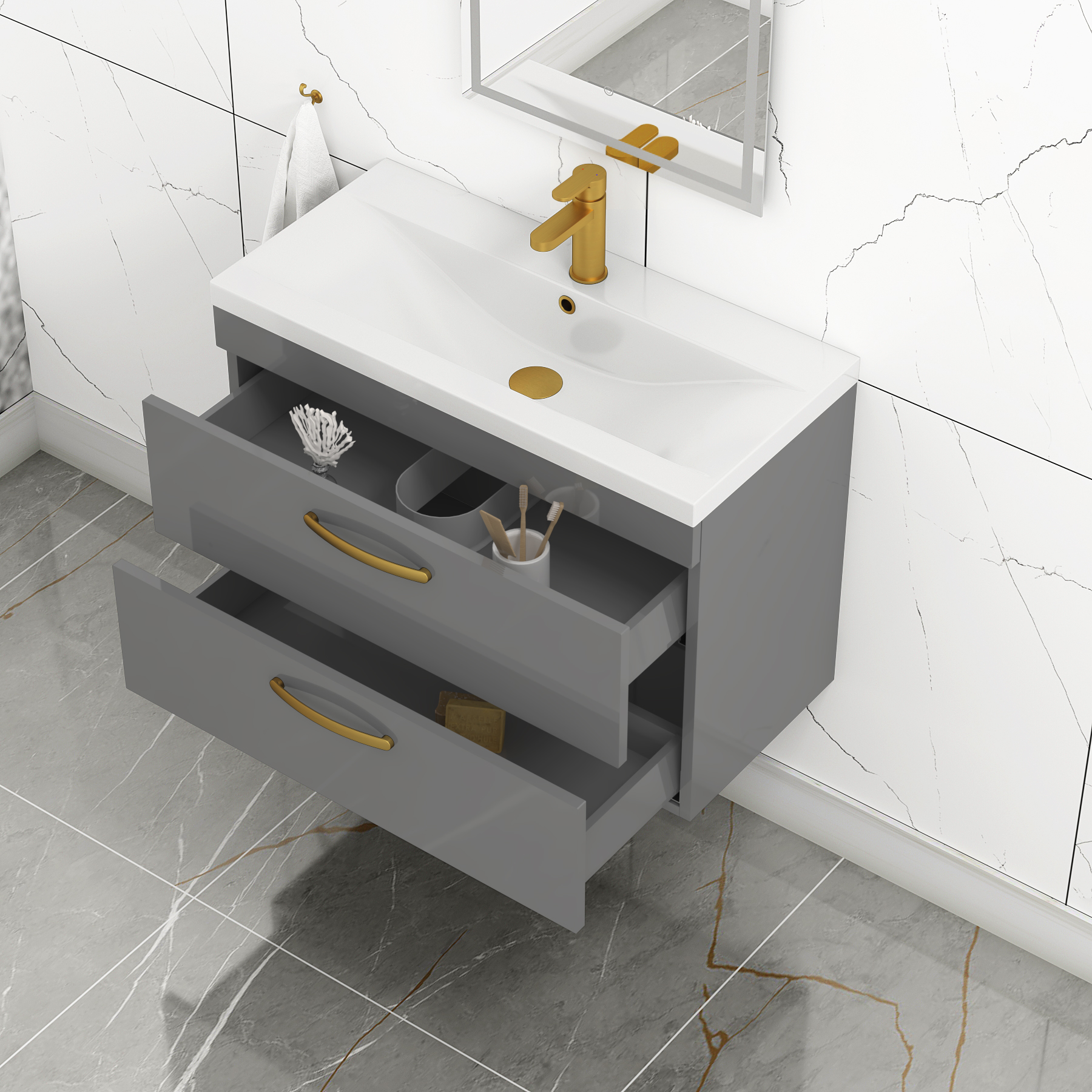 Turin 800mm Wall Hung Vanity Unit Indigo Grey Gloss 2 Drawer - Mid-Edge Sink Unit with Brushed Brass Handle