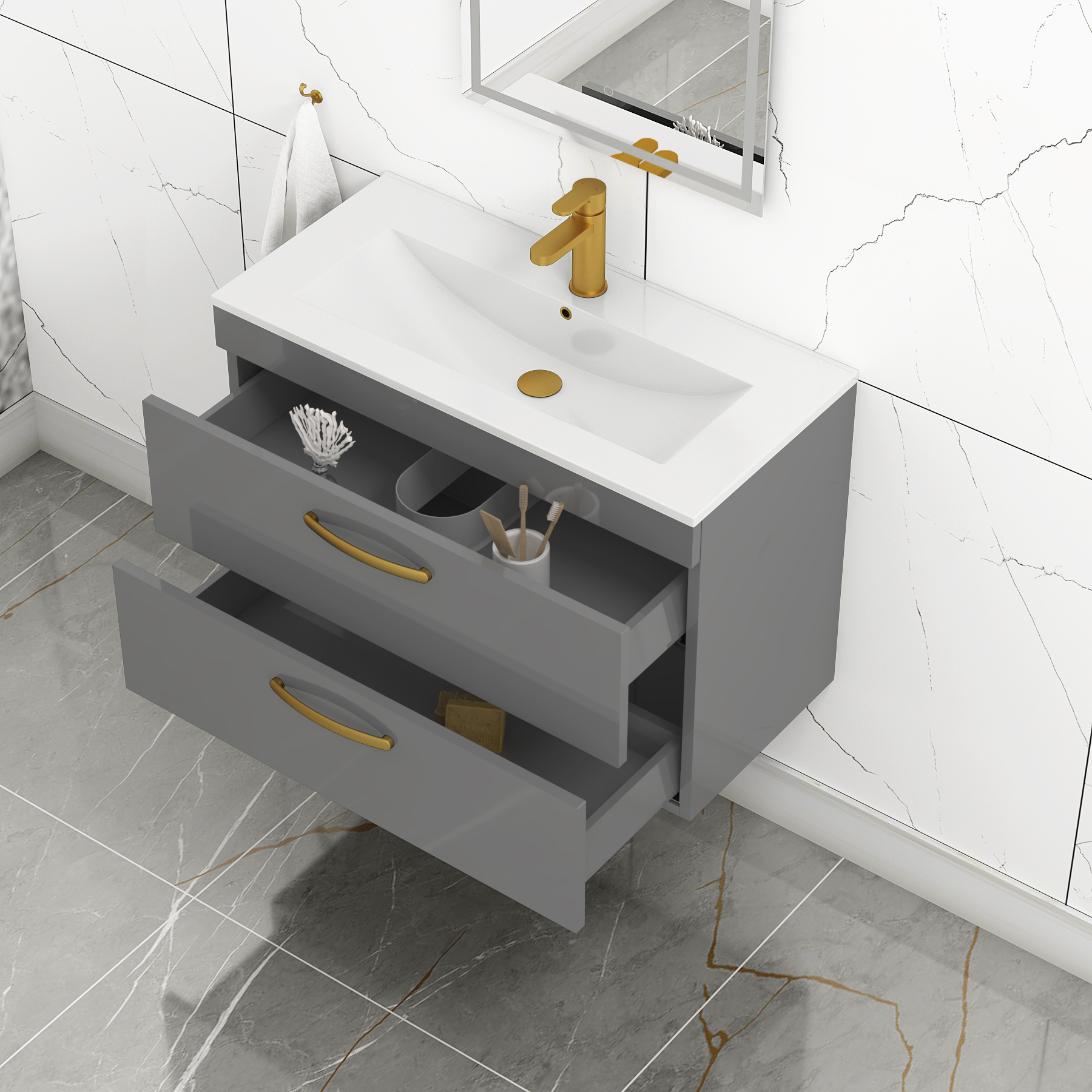 Turin 800mm Wall Hung Vanity Unit Indigo Grey Gloss 2 Drawer - Minimalist Sink Unit with Brushed Brass Handle